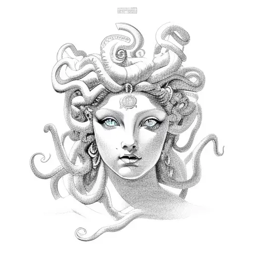  Goddess Medusa posing in profile with watercolor effects and versace background   tattoo design idea