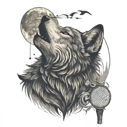 A detailed black and grey tattoo of a wolf howling at the moon, incorporating elements of a badminton racket and shuttlecock tattoo design idea