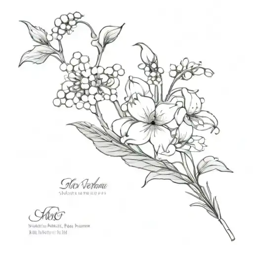 flower bouquet of lily of the valley, daisy, honeysuckle, marigold, water lily. includes one of each flower and butterfl tattoo design idea