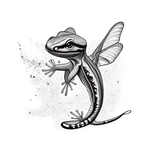 salamander dancing with hummingbird, black and white with a touch of color tattoo design idea