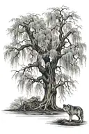 old weeping willow tree with a wolf underneath it tattoo design idea