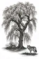 old weeping willow tree with a wolf underneath it tattoo design idea