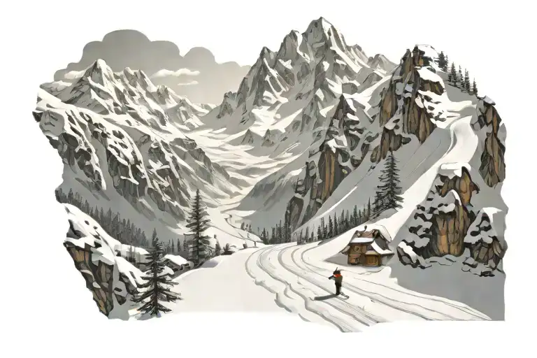 steep mountains with snow and skiing snowman enjoying tattoo design idea