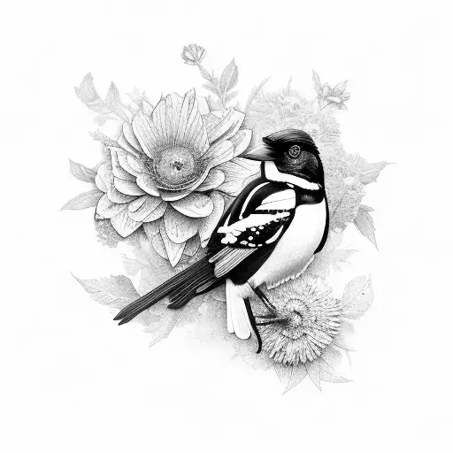 A magpie with flowers tattoo design idea
