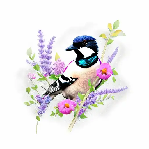 A magpie with flowers tattoo design idea