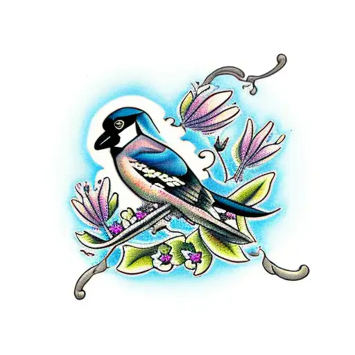A magpie with flowers tattoo design idea