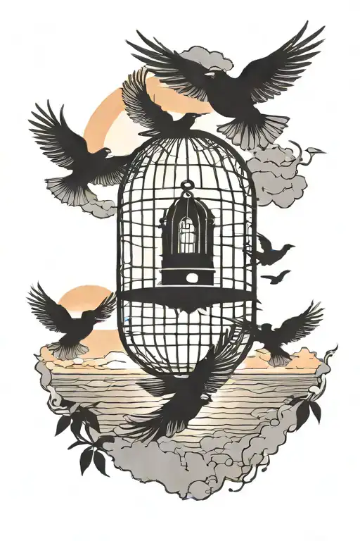 cage and bird flying into the sunset tattoo design idea