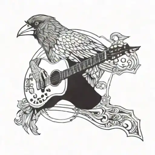 A surreal scene of a karga bird perched on a guitar neck tattoo design idea
