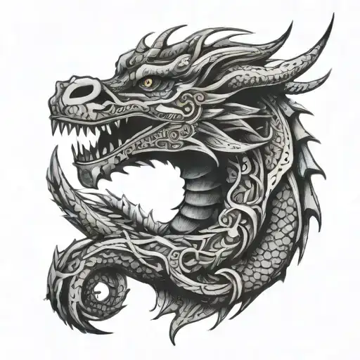 small black ink dragon wrapped around collarbones tattoo design idea