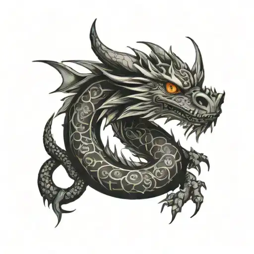 small black ink dragon wrapped around collarbones tattoo design idea