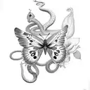 butterflies, snakes, and roses. with the words tijn lak tattoo design idea