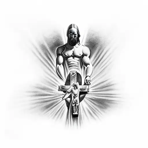 in black, silhouette of a man kneeling at the foot of the cross being observed by the face of Jesus in heaven tattoo design idea