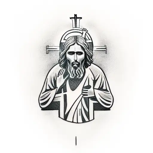 man in front of the cross and face jesus tattoo design idea