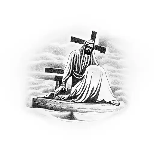 in black, silhouette of a man kneeling at the foot of the cross being observed by the face of Jesus in heaven tattoo design idea