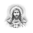 man in front of the cross and face jesus tattoo design idea