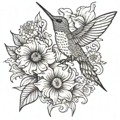 hummingbird with dahlia, daisy, and California poppy tattoo design idea