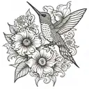 hummingbird with dahlia, daisy, and California poppy tattoo design idea