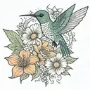 hummingbird with dahlia, daisy, and California poppy tattoo design idea