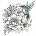 hummingbird with dahlia, daisy, and California poppy tattoo design idea