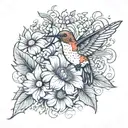 hummingbird with dahlia, daisy, and California poppy tattoo design idea