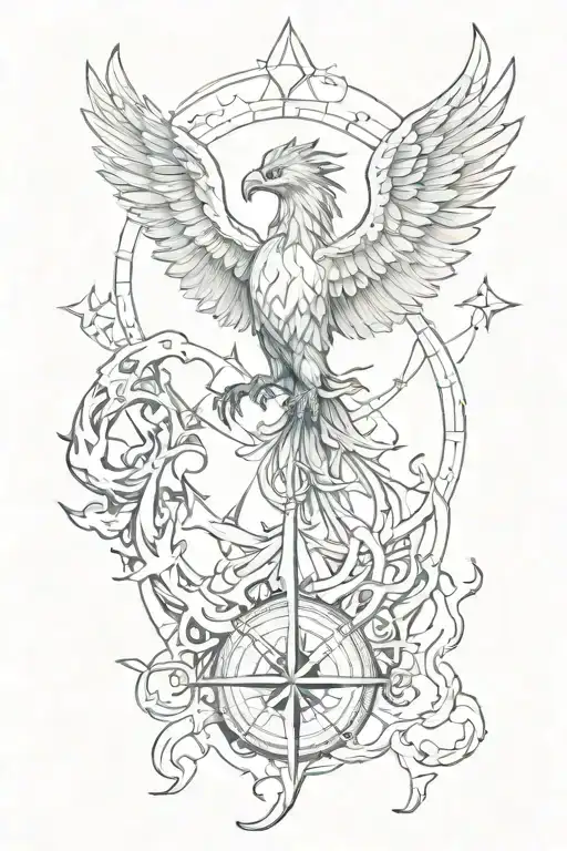 Phoenix rising from flames, 3d compass, and anchor   tattoo design idea
