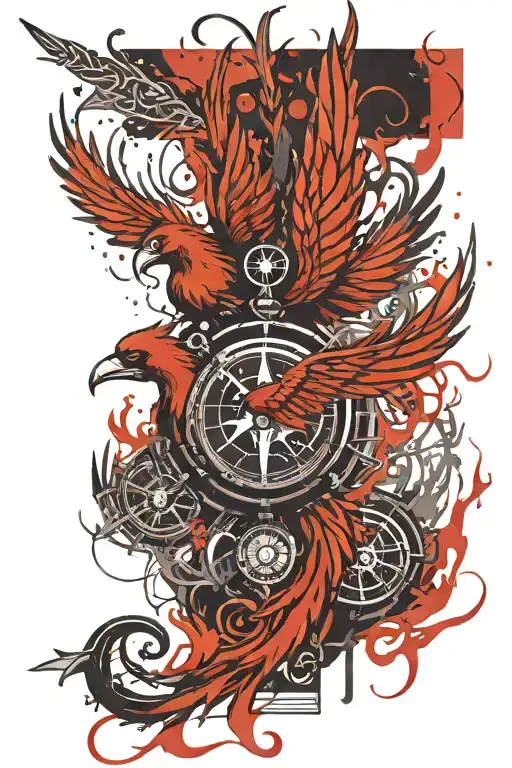 Phoenix rising from flames, 3d compass, and anchor   tattoo design idea