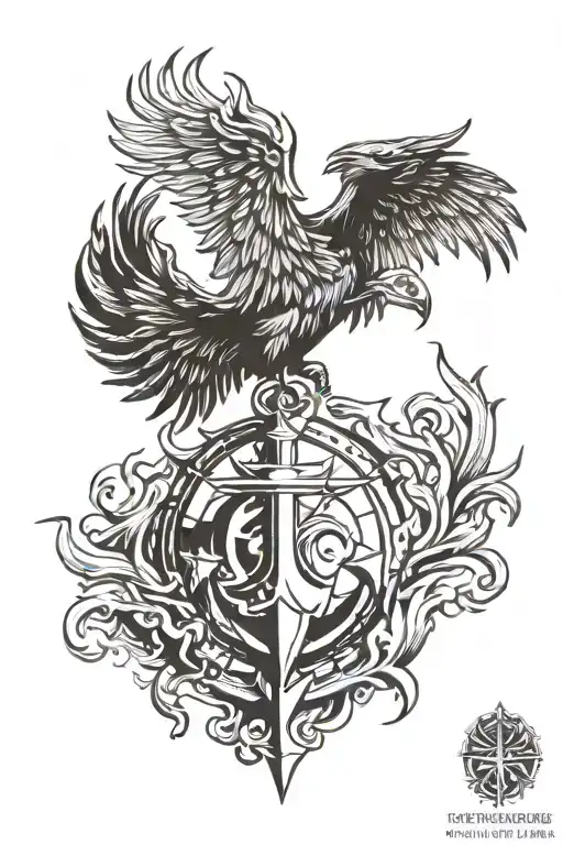 Phoenix rising from flames, 3d compass and anchor   tattoo design idea