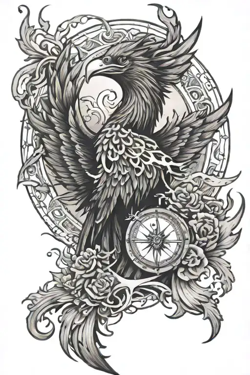 Phoenix rising from flames, 3d compass, and anchor   tattoo design idea