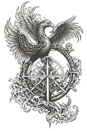 Phoenix rising from flames, 3d compass and anchor   tattoo design idea