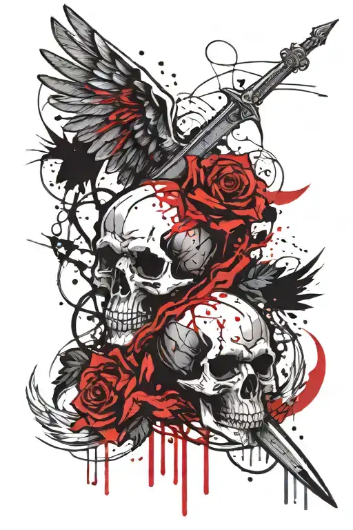 Skull with angel wings with a sword piercing tattoo design idea