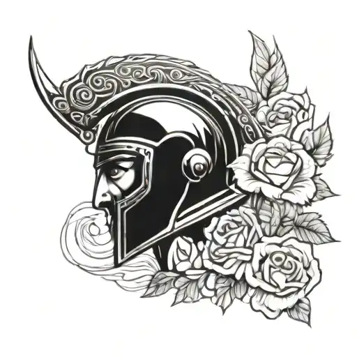 Spartan warrior with helmet adorned with roses blooming tattoo design idea
