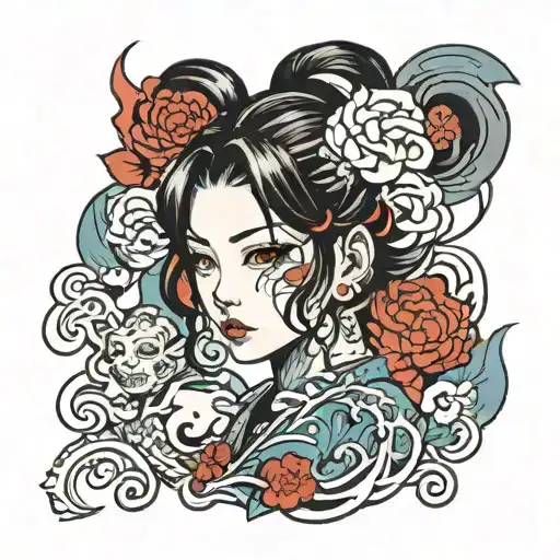 japanese split face  anime girl tattoo design idea