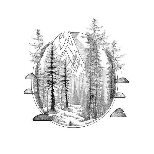 A forest landscape with hidden ADHD symbols hidden among the trees tattoo design idea
