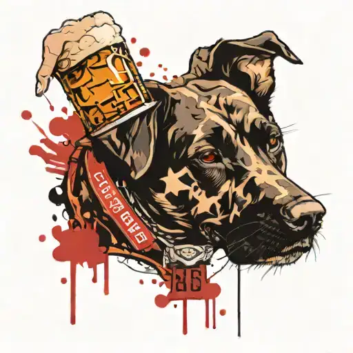A dog football  and holding a beer mug tattoo design idea