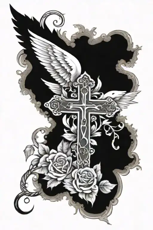 Cross with dove wings and rosery wrapped tattoo design idea
