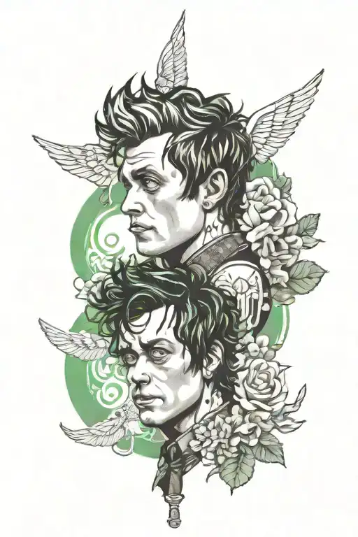 Incorporate a Green Day album cover into a realistic portrait tattoo tattoo design idea