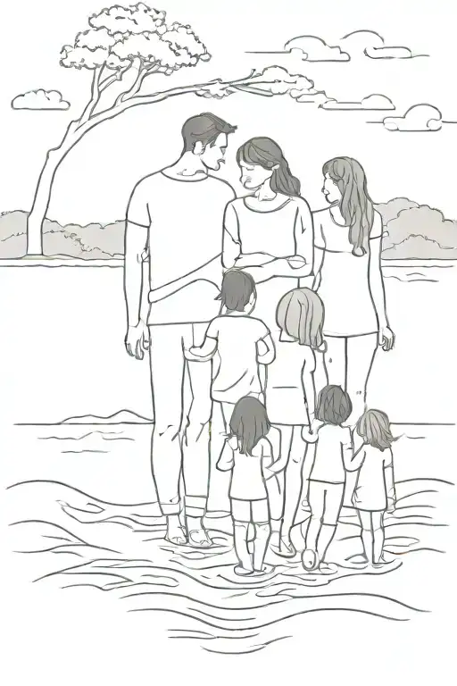 father mother and three daughters by a river running tattoo design idea