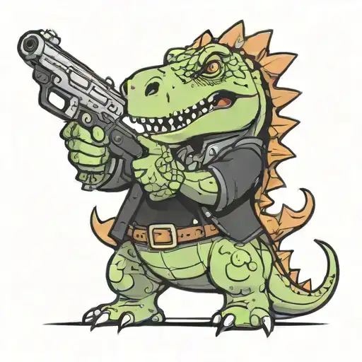 animated Dinosaur with a black clover anime tattoo holding a gun tattoo design idea