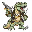 animated Dinosaur with a black clover anime tattoo holding a gun tattoo design idea