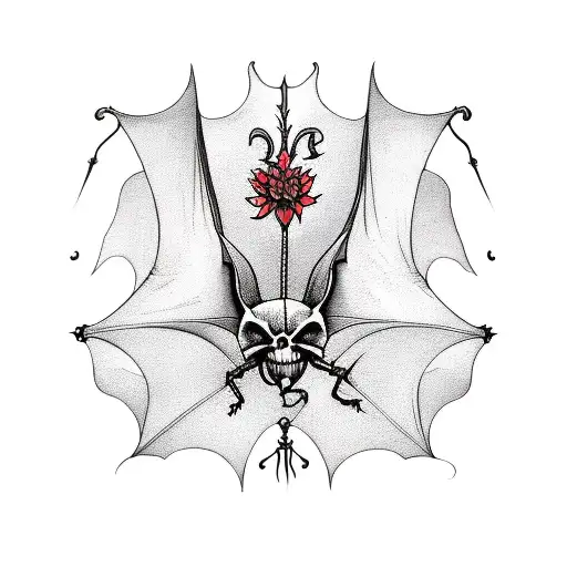 skeletal bat with spider lillies, symmetrical, chest plate, black and red tattoo design idea