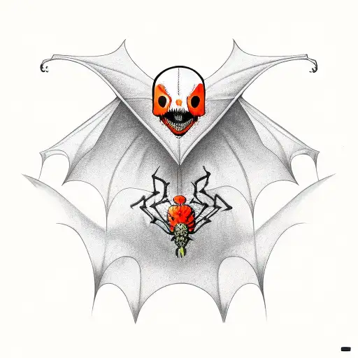 skeletal bat with spider lillies, symmetrical, chest plate, black and red tattoo design idea
