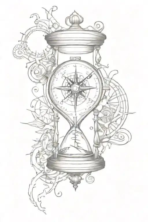 broken hourglass and compass tattoo design idea
