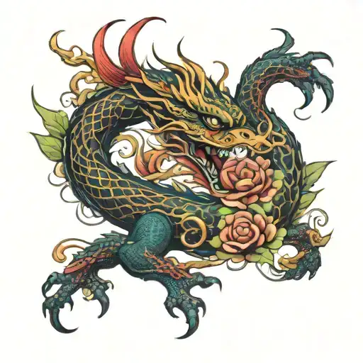 oriental dragon surrounded by blooming tattoo design idea