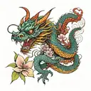 oriental dragon surrounded by blooming tattoo design idea