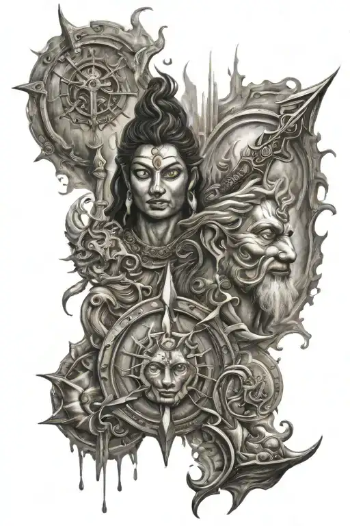 rain sun and ocean with a trident and shiva symbolizing family, trust and strength tattoo design idea
