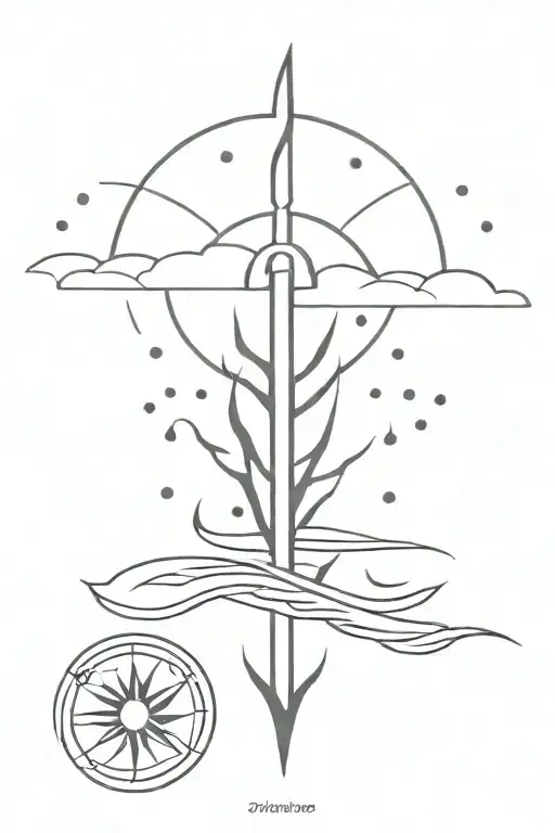 rain sun and ocean with a trident and shiva symbolizing family, trust and strength tattoo design idea