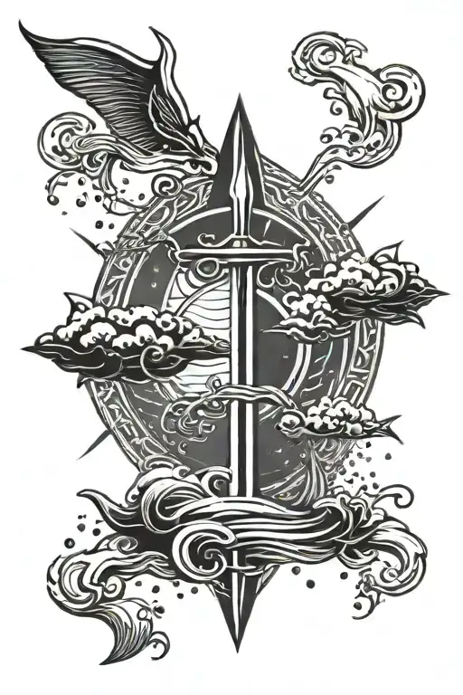 rain sun and ocean with a trident intertwined symbolizing family, trust and strength tattoo design idea