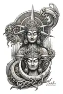 rain sun and ocean with a trident and shiva symbolizing family, trust and strength tattoo design idea