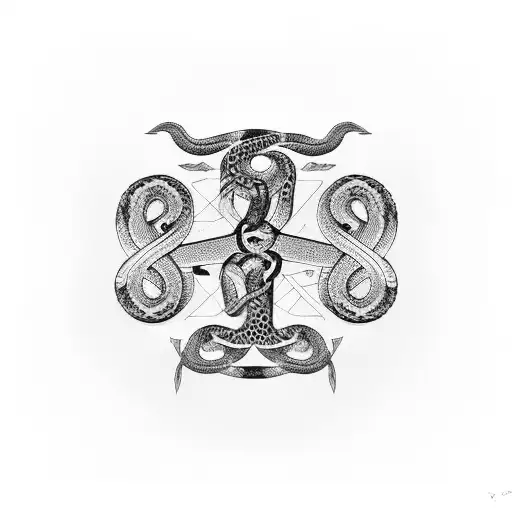 three snakes with binary code running down them, curled around two swords making a cross tattoo design idea