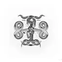 three snakes with binary code running down them, curled around two swords making a cross tattoo design idea